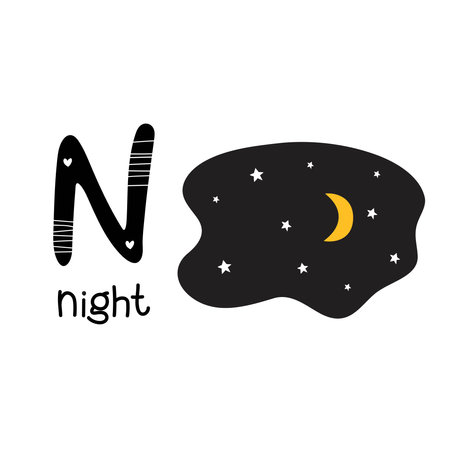 Childrens font. Letter N. Night with stars and moon.のイラスト素材