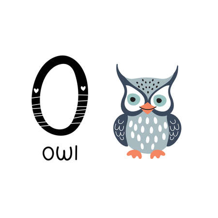 Childrens font. Letter O. Cute cartoon owl.のイラスト素材