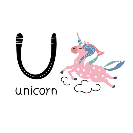 Childrens font. Letter U. The pink unicorn flies in the clouds.のイラスト素材