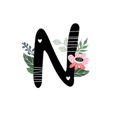 Childrens font. Letter N with floral design. Plant design.のイラスト素材
