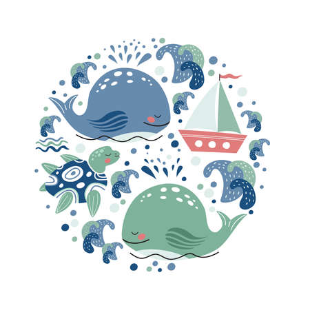 Round emblem with a ship, whales, sea turtles and waves. Childrens illustration.のイラスト素材
