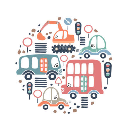Round emblem with buses and excavators. Cute cartoon cars. Childrens background.のイラスト素材