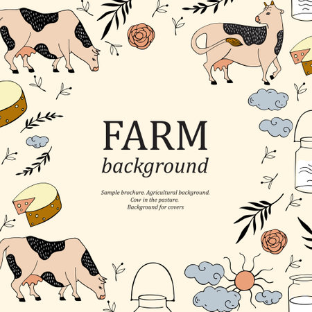 Sample brochure. Agricultural background. Cows, milk can, sun, clouds and flowers.のイラスト素材