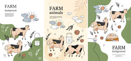 Sample brochure. Agricultural background. Cows, milk can, sun, clouds and flowers.のイラスト素材