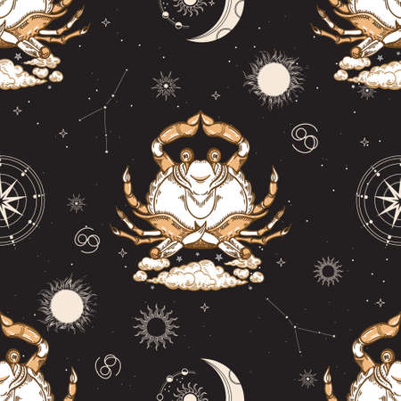 Zodiac constellation Cancer. Seamless pattern. Black background with constellations, sun, moon and stars.のイラスト素材