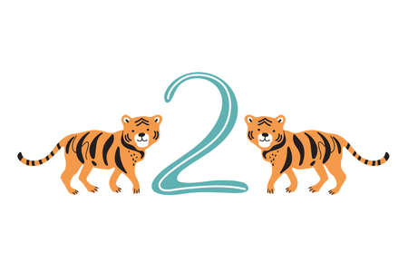 Number two and cute cartoon tigers. Counting training.