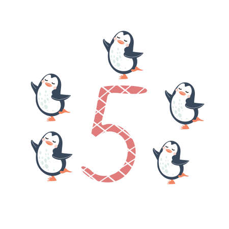 Number five and cute cartoon penguins. Counting training.のイラスト素材