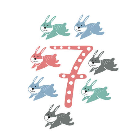 Number seven and cute cartoon rabbits. Counting training.のイラスト素材
