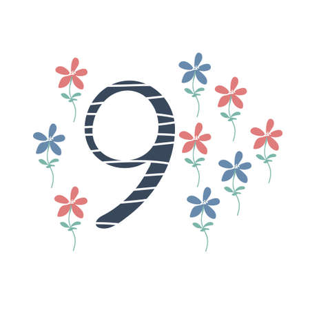Number nine and cute cartoon flowers. Counting training.のイラスト素材