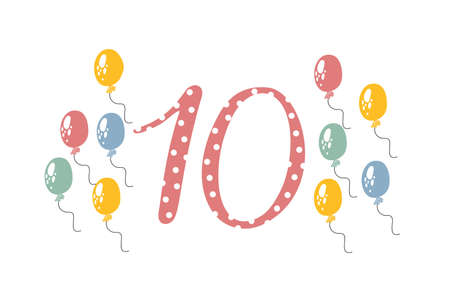 Number ten and cute cartoon balloons. Counting training.のイラスト素材