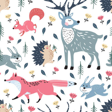 Hedgehog, squirrel, hare and coniferous trees. Forest animals. Childish seamless pattern.のイラスト素材
