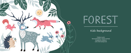 Cute cartoon squirrel, hare hedgehog, trees. Forest animals.のイラスト素材