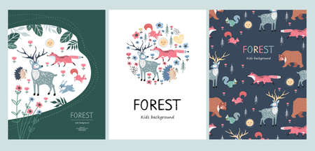 Cute cartoon squirrel, deer, hare hedgehog, trees. Forest animals.のイラスト素材