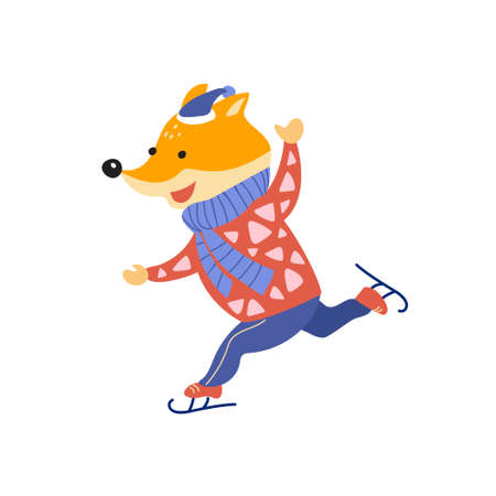 A cute cartoon fox is ice skating. Winter holidays. Can be used for kids clothes design, prints and posters.のイラスト素材