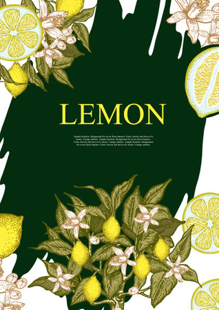 Sample cover for agricultural brochure. Lemon tree with leaves, flowers and fruits.のイラスト素材