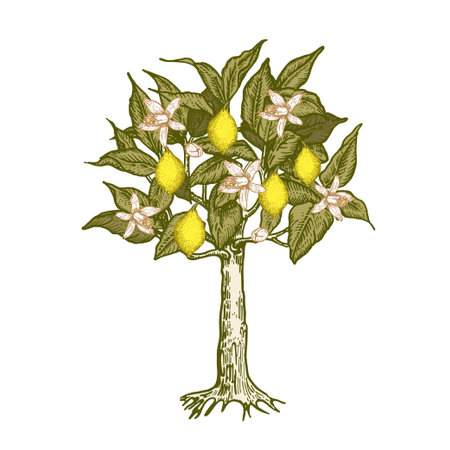 Lemon tree with leaves, flowers and fruits. Sketch graphics. Botanical illustration.のイラスト素材