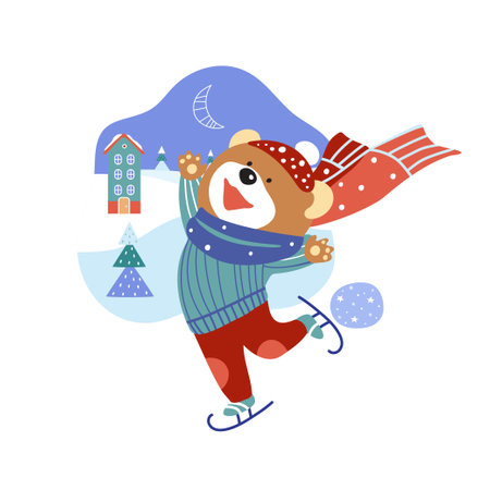 A cute cartoon bear is ice skating. Winter holidays. Can be used for kids clothes design, prints and posters.のイラスト素材
