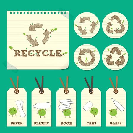 hand drawn recycle symbol and character elementのイラスト素材