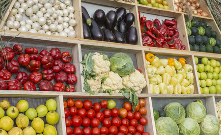 Fruits and vegetables at market place.の写真素材