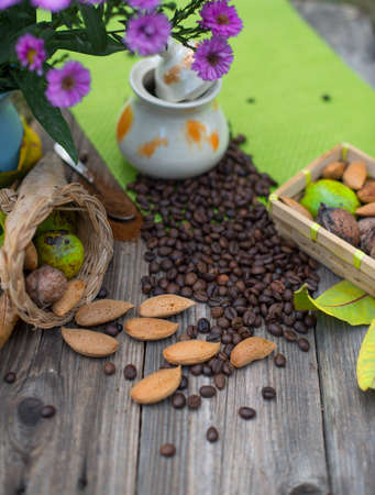 Almonds, nuts and coffeeの写真素材