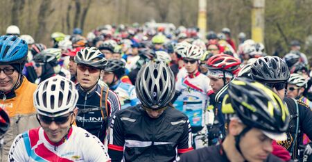 Garboavele, Galati, Romania , April 4, Unidentified cyclists during the annual Garboavele XC cycle race on April 4, 2015 in Garboavele, Galati, Romaniaのeditorial素材