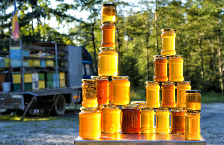 Homemade honey on the street market in Romanian mountains
