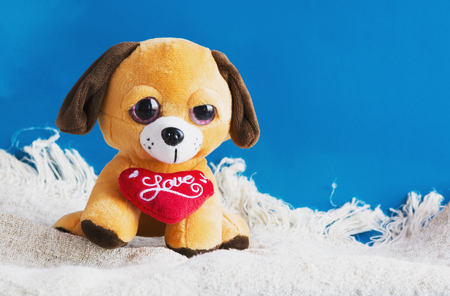 plush toy dog with red heartの写真素材