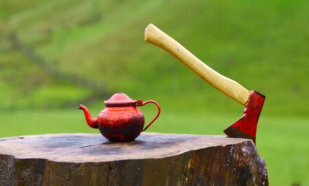hatchet for chopping wood and red kettle in a summer camp