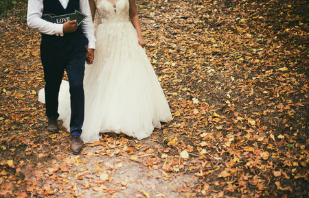 Groom and bride walking in forest, top view.の写真素材