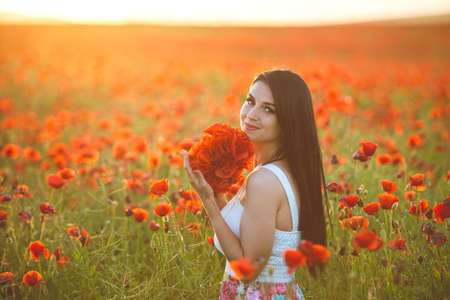 A beautiful brunette with a red bouquet in the poppy field at sunsetの写真素材