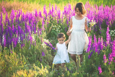 Two sisters holding hands in the flower chainの写真素材