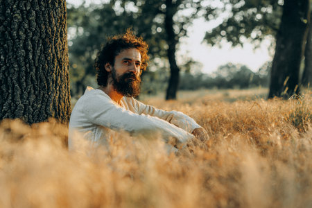 Jesus Christ Alone in the Garden, Meditating and Prayingの写真素材