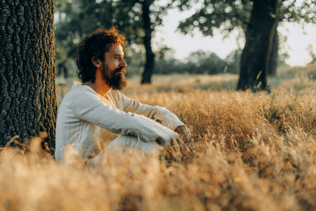 Jesus Christ Alone in the Garden, Meditating and Prayingの写真素材