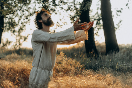 Jesus Christ Alone in the Garden, Meditating and Prayingの写真素材