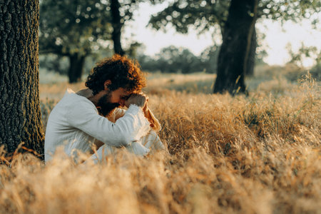 Jesus Christ Alone in the Garden, Meditating and Prayingの写真素材