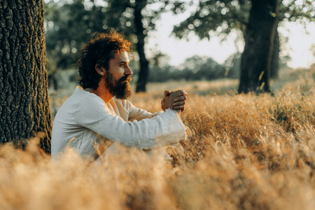 Jesus Christ Alone in the Garden, Meditating and Prayingの写真素材