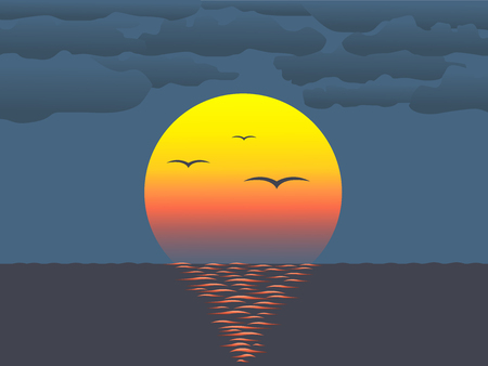 Vector illustration of sunset over  water reflecting on water surfaceのイラスト素材