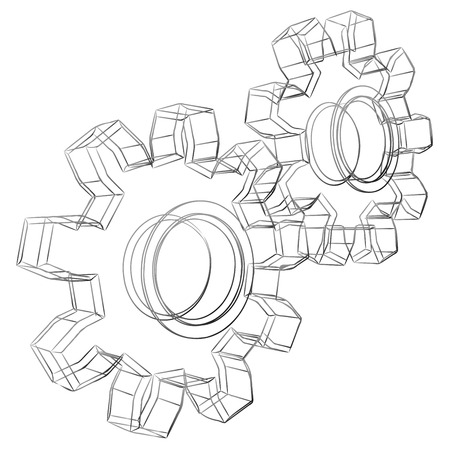 Pencil sketch stylized 3D cogwheels isolated on white background.のイラスト素材