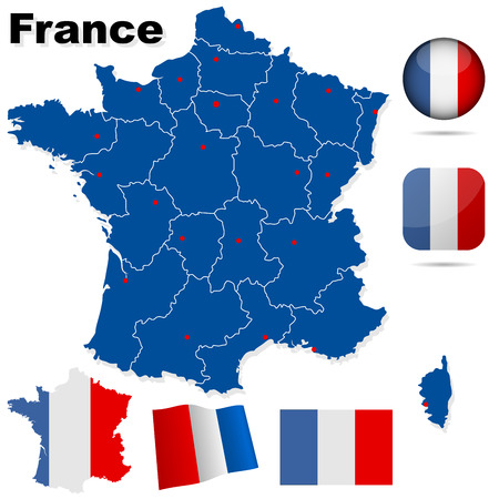 France vector set. Detailed country shape with region borders, flags and icons isolated on white background.のイラスト素材