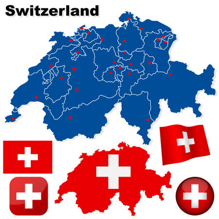 Switzerland vector set. Detailed country shape with region borders, flags and icons isolated on white background.のイラスト素材