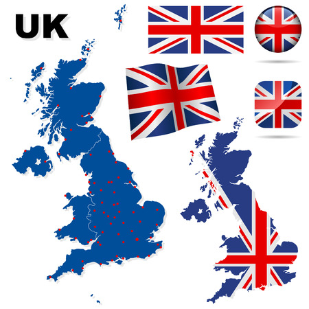 United Kingdom vector set. Detailed country shape with region borders, flags and icons isolated on white background.のイラスト素材
