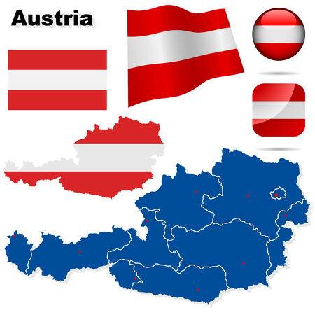 Austria vector set. Detailed country shape with region borders, flags and icons isolated on white background.のイラスト素材
