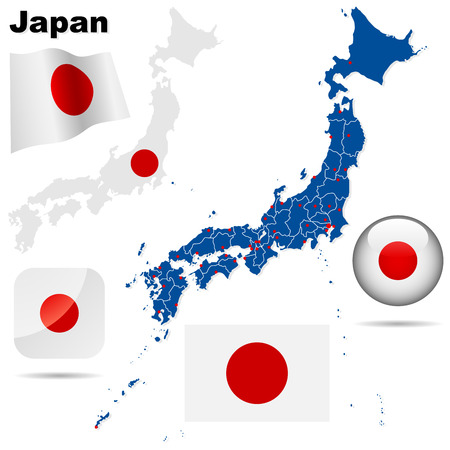 Japan vector set. Detailed country shape with region borders, flags and icons isolated on white background.のイラスト素材