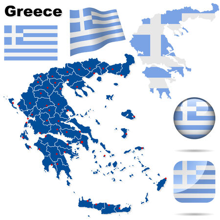Greece set. Detailed country shape with region borders, flags and icons isolated on white background.のイラスト素材