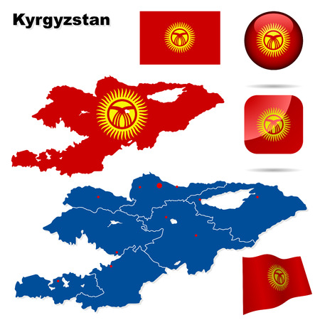 Kyrgyzstan  set. Detailed country shape with region borders, flags and icons isolated on white background.のイラスト素材