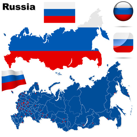 Russian Federation set. Detailed country shape with region borders, flags and icons isolated on white background.のイラスト素材