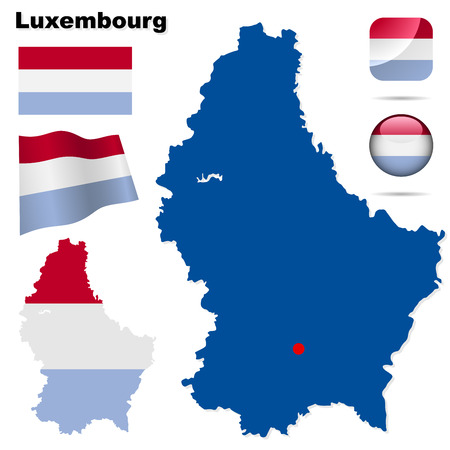 Luxembourg set. Detailed country shape with region borders, flags and icons isolated on white background.のイラスト素材