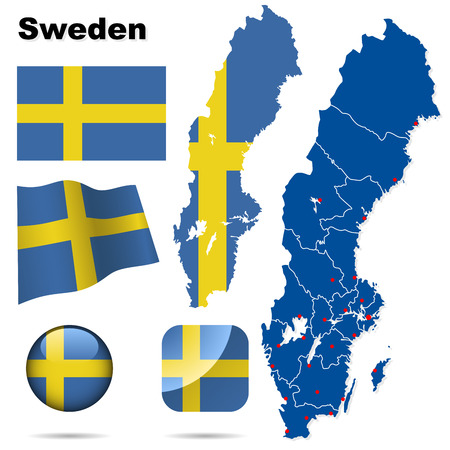 Sweden vector set. Detailed country shape with region borders, flags and icons isolated on white background.のイラスト素材