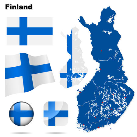 Finland set. Detailed country shape with region borders, flags and icons isolated on white background.のイラスト素材