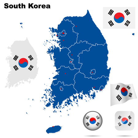 South Korea  set. Detailed country shape with region borders, flags and icons isolated on white background.のイラスト素材